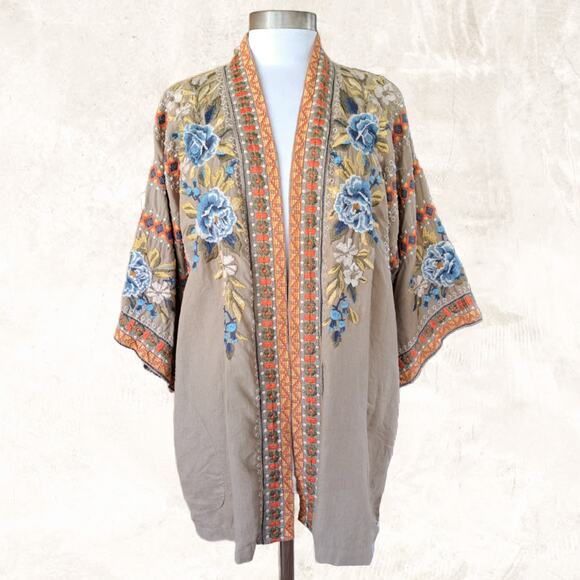 Johnny Was Tan Floral Kimono Jacket with Ornate Trim - Picture 2 of 13